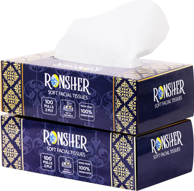 RONSHER 2 Ply Pack of 2 Tissue Box With 100 pulls each White Paper Napkins(2 Sheets)