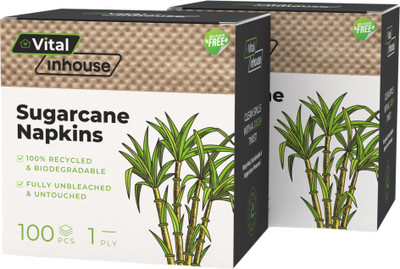 Vital Inhouse Sugarcane Napkins (1 Ply) - Pack of 2 (100 pulls per pack) Brown Paper Napkins(200 Sheets)