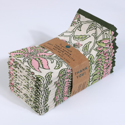 FINGERCRAFT Block Printed Cotton Linen Table Napkin Cloth Summer Block Pink Flower Cloth Napkins(12 Sheets)