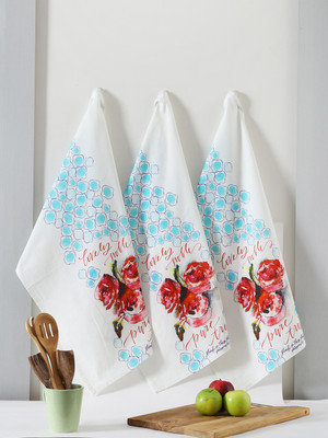 RATAN CART Off White Cotton Rose Printed Kitchen Towel Set Of 3 Off White Cloth Napkins(3 Sheets)