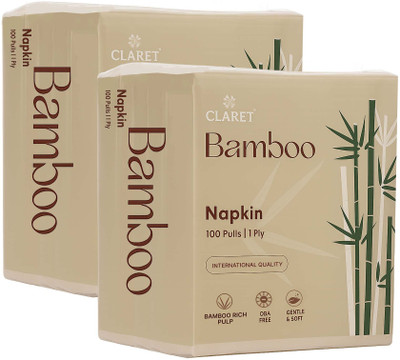 CLARET Bamboo Napkins | 1-Ply | 100 Pulls | OBA-Free | Rich Pulp | Skin-Friendly White Paper Napkins(200 Sheets)