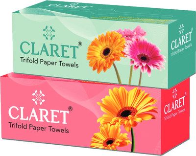 CLARET 1-Ply Trifold Paper Towels (21 x 21 cm) | 100 Pulls | Pack Of 2 White Paper Napkins(200 Sheets)