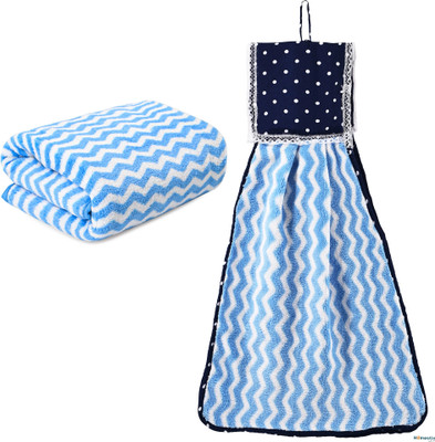 HOMESTIC Combo of 2 Microfiber 19x38 Inch Towels & Wash Basin Napkin Set | Zig Zag - Blue Blue Cloth Napkins(2 Sheets)