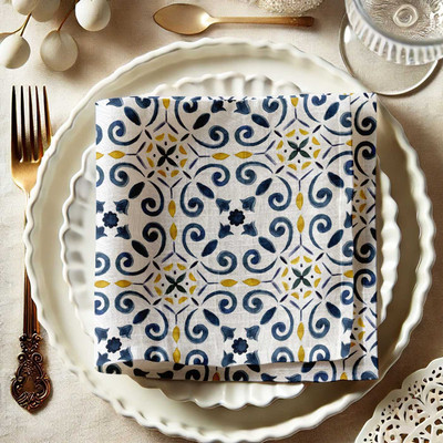 Vargottam Blue Geometric Desgin Cotton Muslin Double Napkins for Table Setting-Set of 12 Teal Blue Cloth Napkins