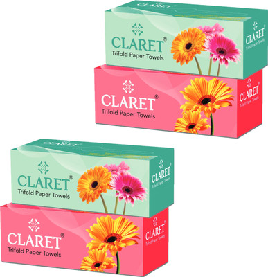 CLARET 1-Ply Trifold Paper Towels (21 x 21 cm) | 100 Pulls | Pack Of 4 White Paper Napkins(400 Sheets)