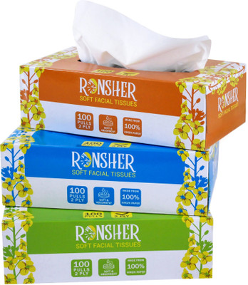 RONSHER 100 Pulls, Facial Tissue, set of 3 White Paper Napkins(3 Sheets)
