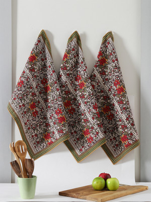 RATAN CART Red Cotton Floral Printed Kitchen Towel Set Of 3 Dark Brown Cloth Napkins(3 Sheets)