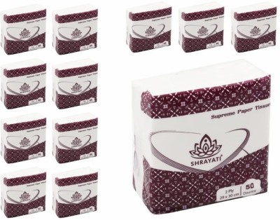 Shrayati Tissue Papers - 2 Ply, 50 pcs per pack, Super Soft, ( 40x40 ) Pack of 12, White Paper Napkins(600 Sheets)