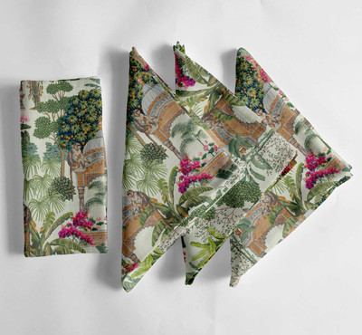 Vargottam Green & White Tree Desgin Cotton Muslin Double Napkins for Outdoor Use-Set of 12 Green & White Cloth Napkins