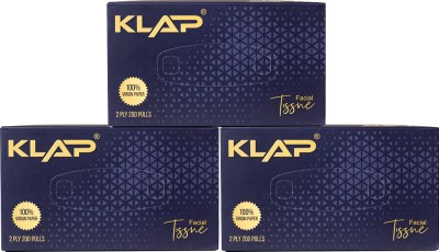 KLAP 2 PLY Facial Tissue Paper Box (200 Pulls) | Pack of 3 White Paper Napkins(3 Sheets)