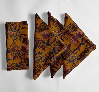 Vargottam Ochre Leaves Desgin Cotton Muslin Double Napkins for Craft Use-Set of 12 Ochre Cloth Napkins