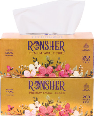 RONSHER 2 Ply Luxury Facial Tissue Paper | 200 Pulls Each | Pack of 2 White Paper Napkins(2 Sheets)