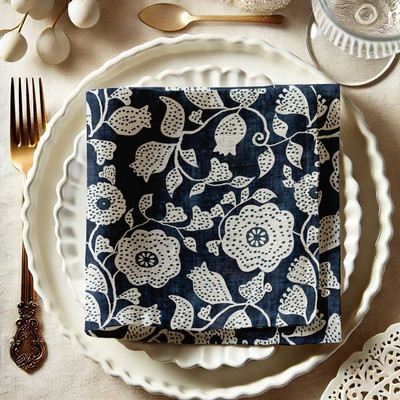Vargottam Blue & White Leaves Print Cotton Muslin Double Napkins for Dining Table-12 Pcs Teal Blue & White Cloth Napkins