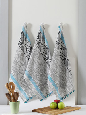 RATAN CART Light Blue Cotton Border Printed Kitchen Towel Set Of 3 Light Blue Cloth Napkins(3 Sheets)