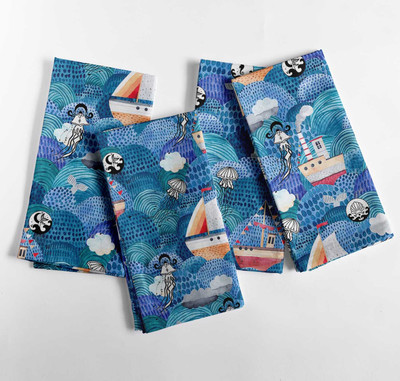 Vargottam Sea Blue Ocean Pattern Cotton Canvas Napkins for Decorative Use-Set of 12 Sea Blue Cloth Napkins