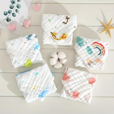 SYGA Baby Napkin Six-Layer Gauze 30 * 30 Printed Design Small Square Multicolor Cloth Napkins(5 Sheets)