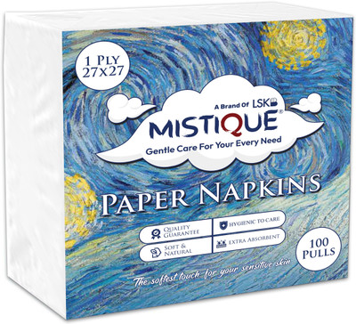 Mistique 1 Ply 100 Pulls Tissue Paper Napkin 27x27 cm White Paper Napkins(100 Sheets)