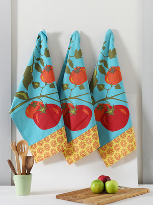 RATAN CART Blue Cotton Vegie Printed Kitchen Towel Set Of 3 Aqua Cloth Napkins(3 Sheets)