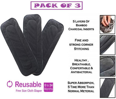 Jingle Kids Pack of 3 Bamboo Charcoal Diaper Inserts Liner Pads(5 layers) Reusable Washable Cotton Diaper Nappy Inserts Natures Cloth Diaper Liner For Baby/Toddler/Infants (0-2 Years)