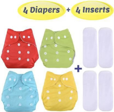 SKutirNappy Reusable Washable Cloth Diaper With 5 Layer Insert For Babies(4 Diaper+4 Insert)