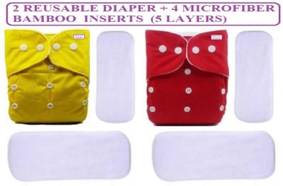 TINNY TOTS High Quality Trendy Fashionable 2 Baby Reusable Cloth Diapers Adjustable Snap Button Durable With 4 White Microfiber Bamboo Diaper Nappy Insert Pads(5 Layers) Wetfree Combo For New Borns/Toddlers/Babies| Baby First Gift Set Pack(0-12 Months, SMALL SIZE,YR)