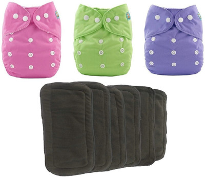Aldeco ( Pack of 3 Multicolor Cloth Diaper with 6 Black pad ) - Baby Pocket Diaper with Wet-free Insert Black Pad / Washable Cloth Diaper / Reusable Nappy for Kids of 0-24 months