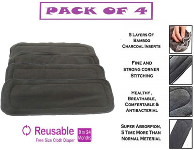 Jingle Kids Pack of 4 Bamboo Charcoal Diaper Inserts Liner Pads(5 layers) Reusable Washable Cotton Diaper Nappy Inserts Natures Cloth Diaper Liner For Baby/Toddler/Infants (0-2 Years)