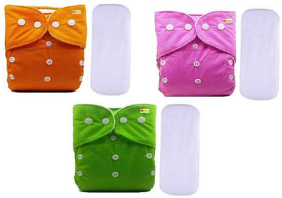 Alya Pack of 3 Premium Quality Baby Reusable Cloth Diapers All in One Adjustable Pocket Style Nappies Washable Durable With 2 Wet-Free White Multi-Layer Microfiber Insert Pads Combo (0-24 Months,3-16KG, S-M-L Sizes)(PINK,ORANGE,GREEN)