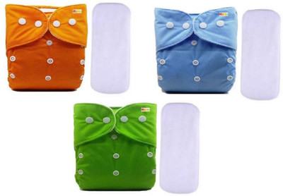Alya Pack of 3 Premium Quality Baby ReusabN)le Cloth Diapers All in One Adjustable Pocket Style Nappies Washable Durable With 2 Wet-Free White Multi-Layer Microfiber Insert Pads Combo (0-24 Months,3-16KG, S-M-L Sizes)(BLUE,ORANGE,GREEN)
