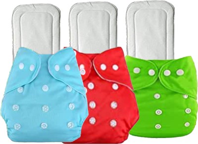 SAGEVI Baby's Cloth Pocket Diaper With Insert( PACK OF 3, Sky Blue, Red & Green)