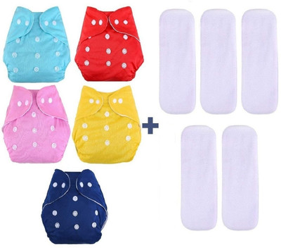 Enorme Reusable Washable Cloth Diaper & White Insert Pads for Babies 5 Pc-Multicolor