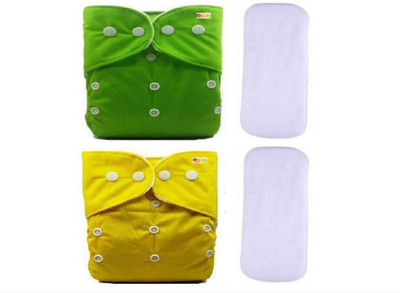 Alya Pack of 2 Premium Quality Baby Reusable Cloth Diapers All in One Adjustable Pocket Style Nappies Washable With 2 Wet-Free White Microfiber(4 layers) Insert Pads (0-24 Months,3-16KG)(YELLOW,GREEN)