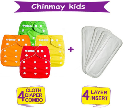 Chinmay Kids Combo of Reusable Baby Washable Cloth Diaper Nappy with Multi Layered Micro- Fibre Baby Insert Pads(Set of 4) (Multi- Colour)