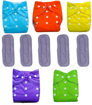 smilykid Multicolor Reusable Washable, Pack of 5 Cloth Diaper + 5 Insert for Baby