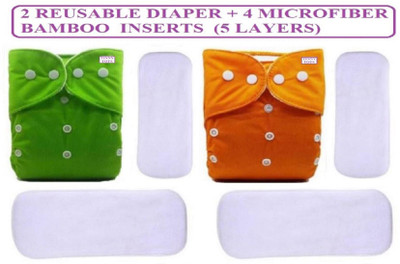 TINNY TOTS High Quality Trendy Fashionable 2 Baby Reusable Cloth Diapers Adjustable Snap Button Durable With 4 White Microfiber Bamboo Diaper Nappy Insert Pads(5 Layers) Wetfree Combo For New Borns/Toddlers/Babies| Baby First Gift Set Pack(0-12 Months, SMALL SIZE,GO)
