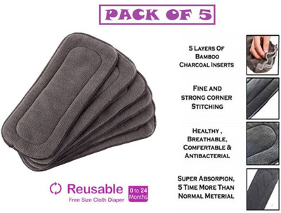 Jingle Kids Pack of 5 Bamboo Charcoal Diaper Inserts Liner Pads(5 layers) Reusable Washable Cotton Diaper Nappy Inserts Natures Cloth Diaper Liner For Baby/Toddler/Infants (0-2 Years)