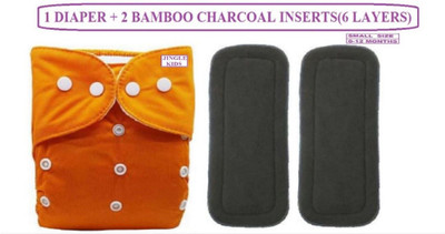 Jingle Kids Premium Quality Fashionable 1 Baby Adjustable Washable Reusable Cloth Diapers Nappies Pocket Style With 2 Bamboo Charcoal Insert Pads(6 Layers) For Toddlers/Infants/New Borns ORANGE