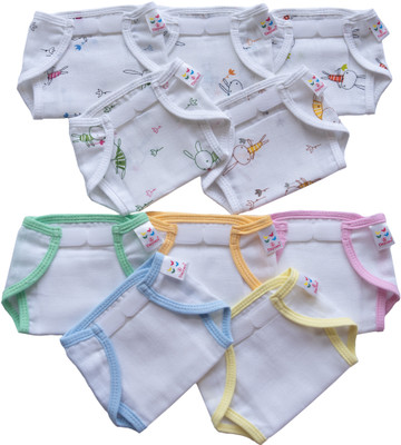 Tiny Care White Printed Muslin Basic Langot with Velcro (Pack of 10)