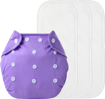 Alya Premium Quality 1 Reusable Adjustable Baby Washable Cloth Diaper Nappies With 3 Wet-Free Microfiber Bamboo Changing Insert Pads(2 layers) For New Born/Babies(0-15 Months;3-10 KGS;PURPLE)