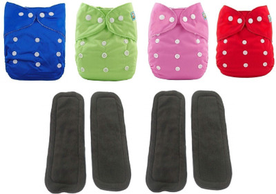 Aldeco Pack of 4 Cloth Diaper with 4 Black pad - Baby Pocket Diaper with Wet-free Insert Black Pad / Washable Cloth Diaper / Reusable Nappy for Kids (Multicolor)