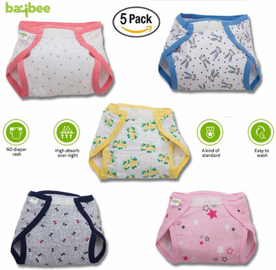 baybee Reusable Fabric Diapers/Washable Cloth Diapers with Inserts- Hook and Loop Fasteners Adjustable Cloth Diapers for Babies|Suitable for Boys & Girls Age 0-3 Months Combo Pack of 5