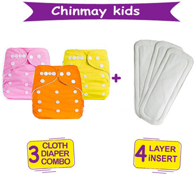 Chinmay Kids Combo of Quirk Reusable Baby Washable Cloth Diaper Nappy with Multi Layered Micro- Fibre Baby Insert Pads(Set of 3) (Multi- Colour)
