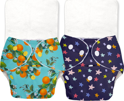Superbottoms BASIC PACK OF 2- 2 Certified Soft Fleece Lined Pocket Diapers with 2 inserts with snaps (Blue Star and Peaches)