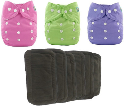 Aldeco Pack of 3 Cloth Diaper with 6 Black pad - Baby Pocket Diaper with Wet-free Insert Black Pad / Washable Cloth Diaper / Reusable Nappy for Kids (Multicolor)
