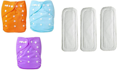 vsol Adjustable Quick Dry Washable Reusable Cloth Diaper Nappy With White 5 Layer Microfiber Bamboo Changing Insert Pads For Toddlers/Babies/New Borns (0-36 Months) - (3 + 3 Combo - 6 Pieces)