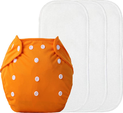 Alya Premium Quality 1 Reusable Adjustable Baby Washable Cloth Diaper Nappies With 3 Wet-Free Microfiber Bamboo Changing Insert Pads(2 layers) For New Born/Babies(0-15 Months;3-10 KGS;ORANGE)