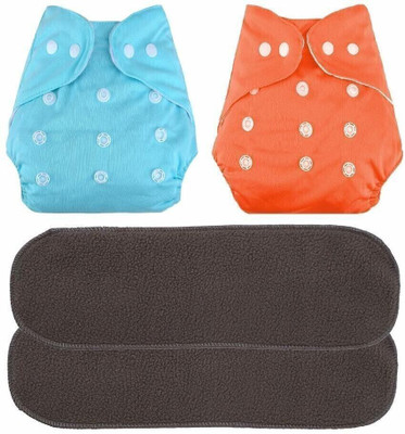 vsol Adjustable Quick Dry Washable Reusable Cloth Diaper Nappy With Premium Quality, Soft, Washable, Reusable, Wet Free Baby Bamboo Charcoal Inserts for Toddlers/Babies/New Borns (0-36 Months) - (2 + 2 Combo - 4 Pieces)