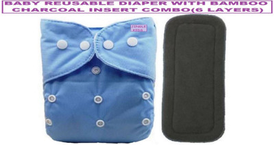 Jingle Kids Premium Quality Pack of 1 Baby Washable Reusable Adjustable Cloth Diaper Nappy With Black Microfiber Bamboo Charcoal Insert Liner Pad(6 Layers) For Babies/Toddlers/Infants(0-14 Months;BLUE)