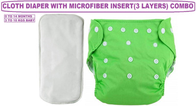 TINNY TOTS Premium Quality Fashionable/Trendy Quick Dry Adjustable & Reusable Cloth Diaper Nappy Waterproof With 1 Microfiber Bamboo Insert Pad(3 Layers) Wetfree for Babies/New Borns/Infants(0-14 Months;GREEN)