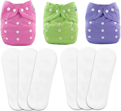 smilykid [Pack of 3 Pocket Cloth Diaper with 6 White Insert Pad]